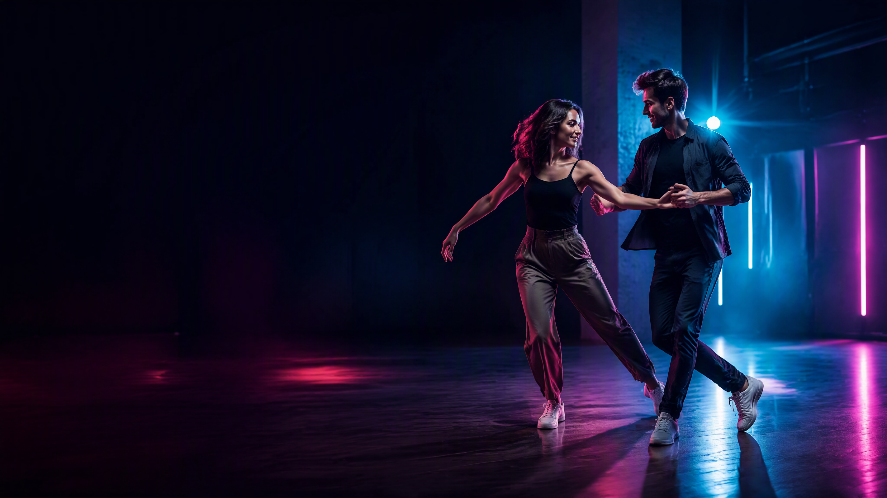 Dos personas bailando West Coast Swing en un estudio con iluminación azul y magenta